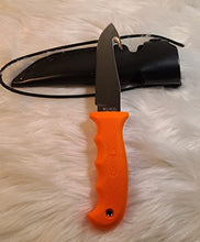 Load image into Gallery viewer, Kitoo Model 5717 Orange Gut Hook Hunting Knife .......High Carbon, Stainless 4 3/8&quot; Double-D Serated Edge Blade............5 7/8&quot; Durable Kraton handle........Leather sheath and lanyard included.
