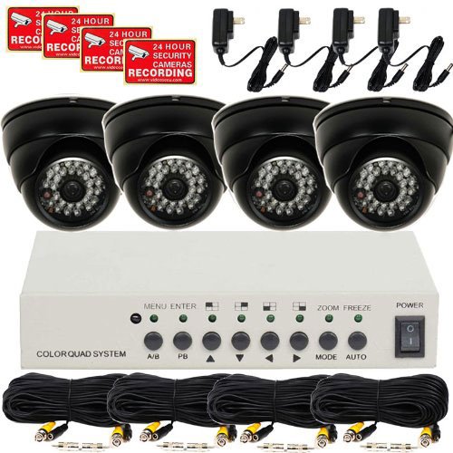 VideoSecu Color Video Quad Security System with 4 Outdoor 480TVL Night Vision Infrared CCD Security Cameras, 4 of 50 Feet Power Cables and 4 of Camera Power Supplies A16