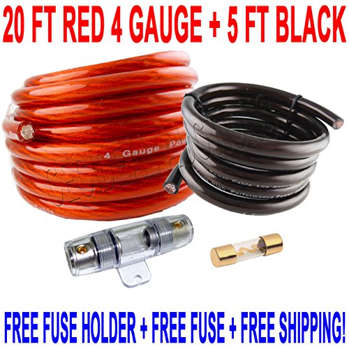 20 FT RED 4 Gauge Power Wire + 5 FT Black Ground + Fuse